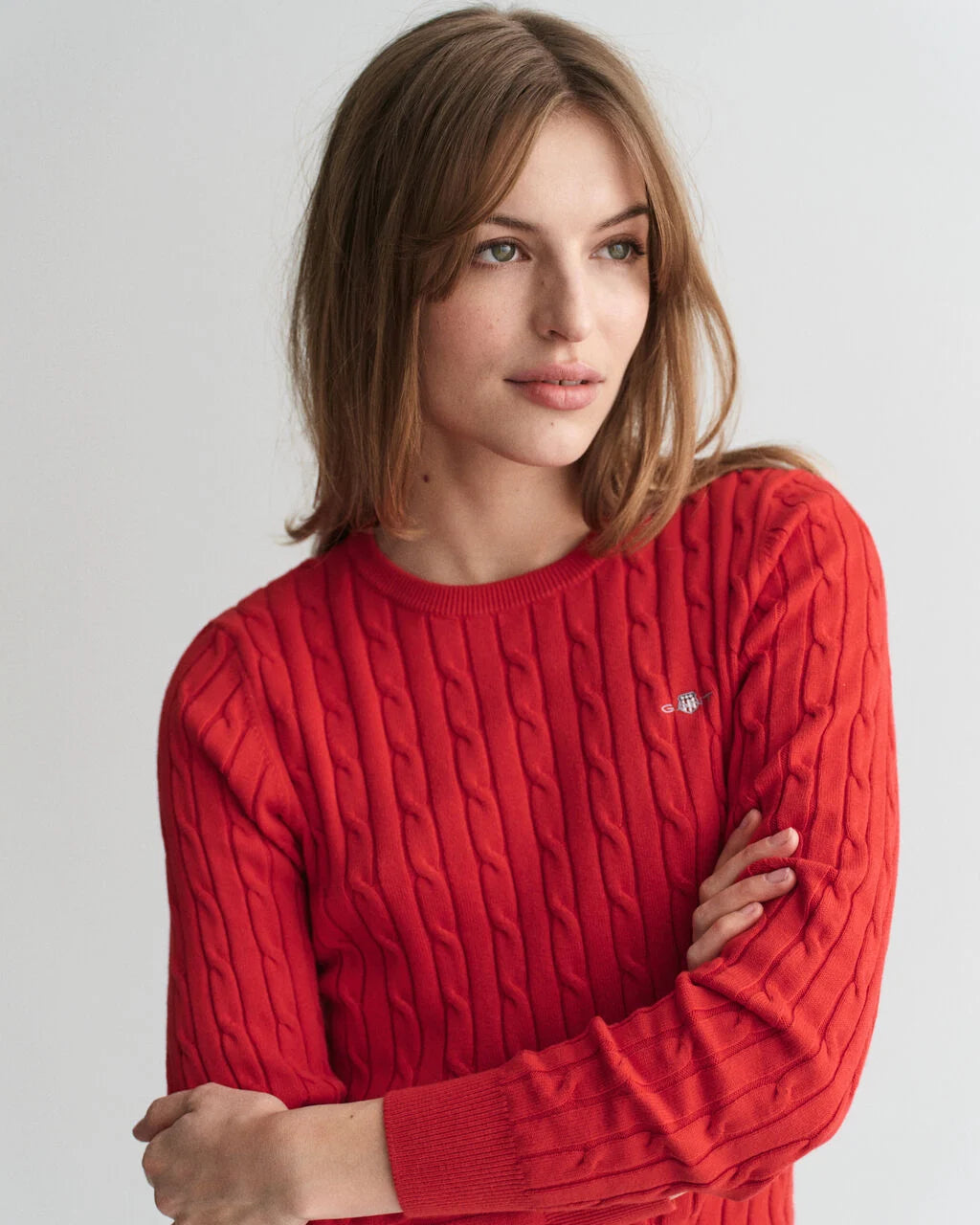 Stretch Cotton Cable Knit Crew Neck