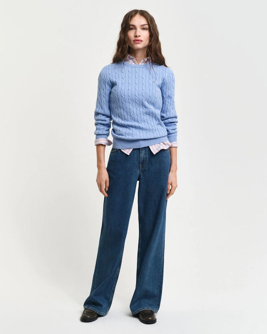 Stretch Cotton Cable Knit Crew Neck -Blue