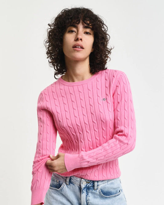 Stretch Cotton Cable Knit Crew Neck - Candy Pink