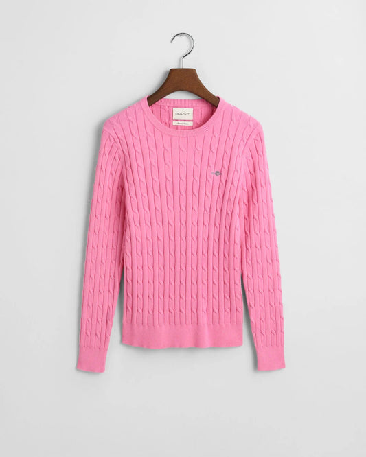 Stretch Cotton Cable Knit Crew Neck - Candy Pink