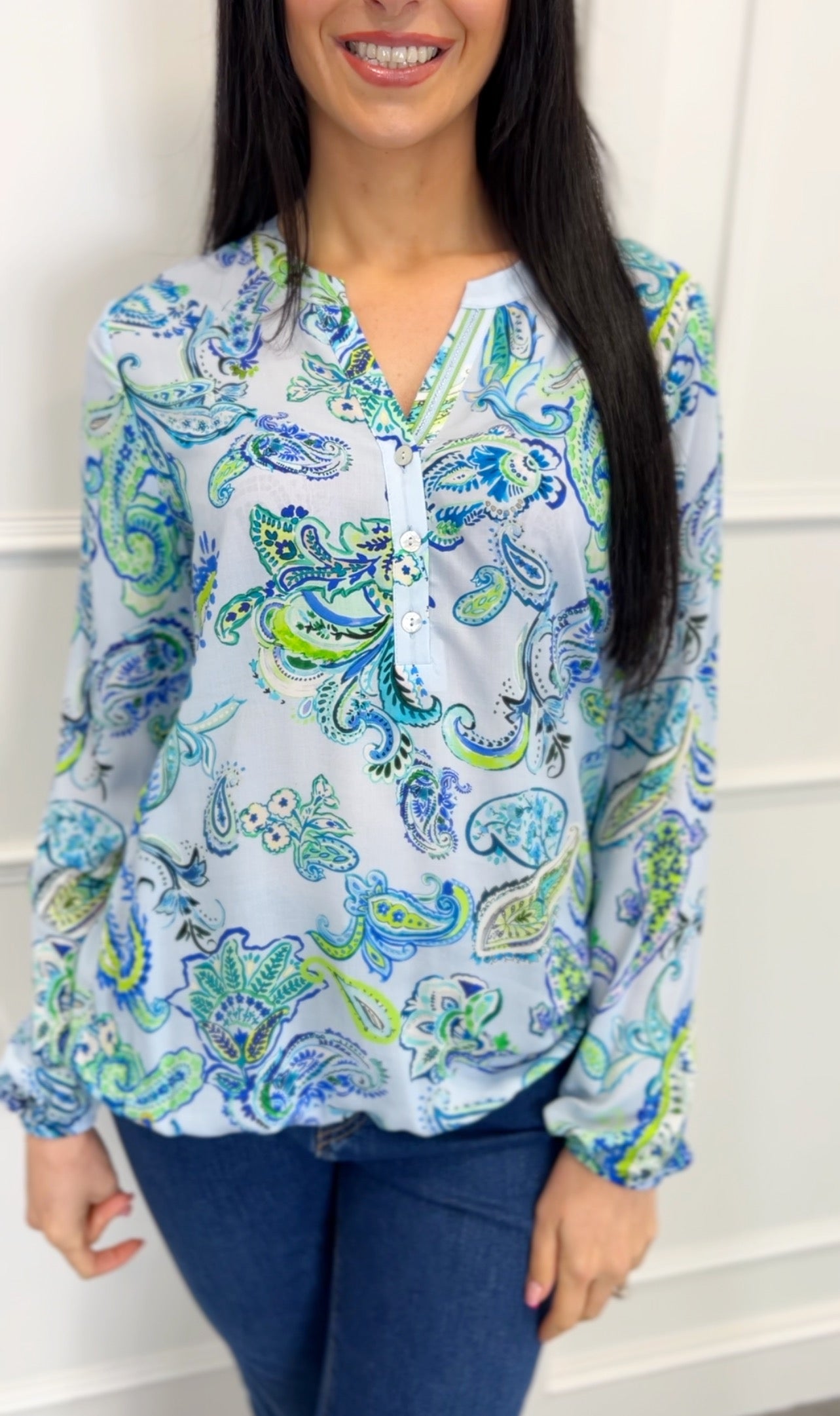 BLUE & LIME PAISLEY COTTON BLOUSE (UK 8 )