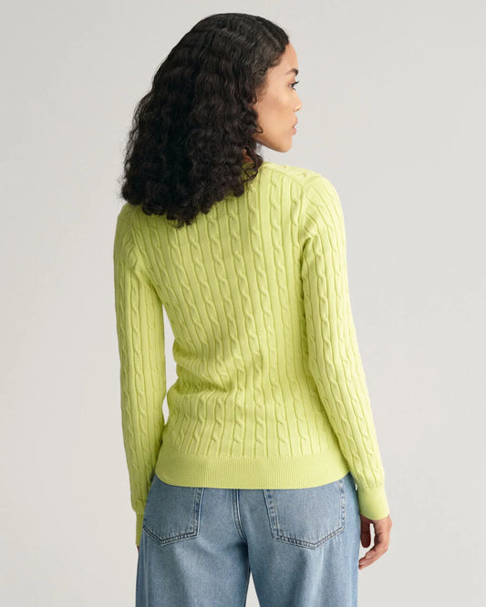 Stretch Cotton Cable Knit V-Neck Sweater-Pastel Lime