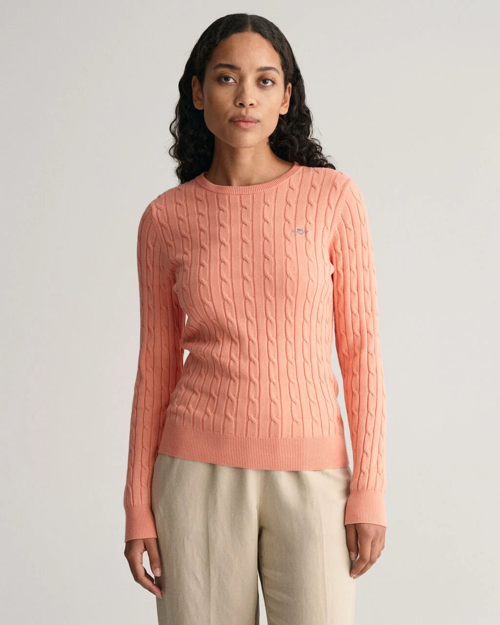 Stretch Cotton Cable Knit V-Neck Sweater