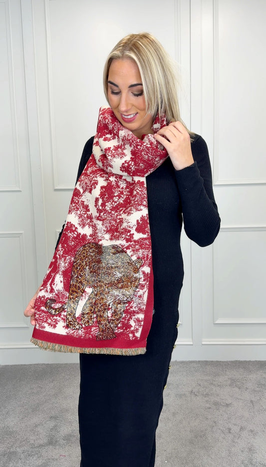 Tiger Embellished Scarf- Red