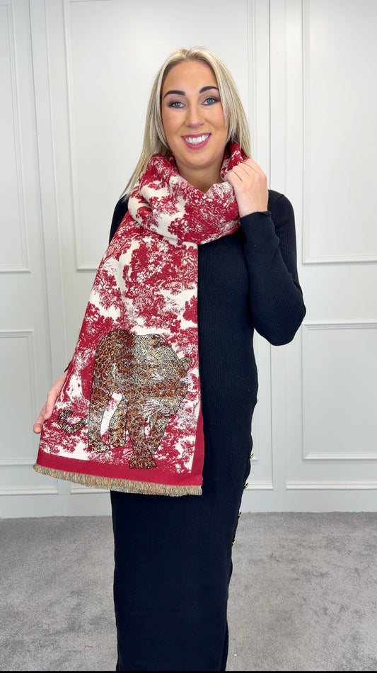 Tiger Embellished Scarf- Red