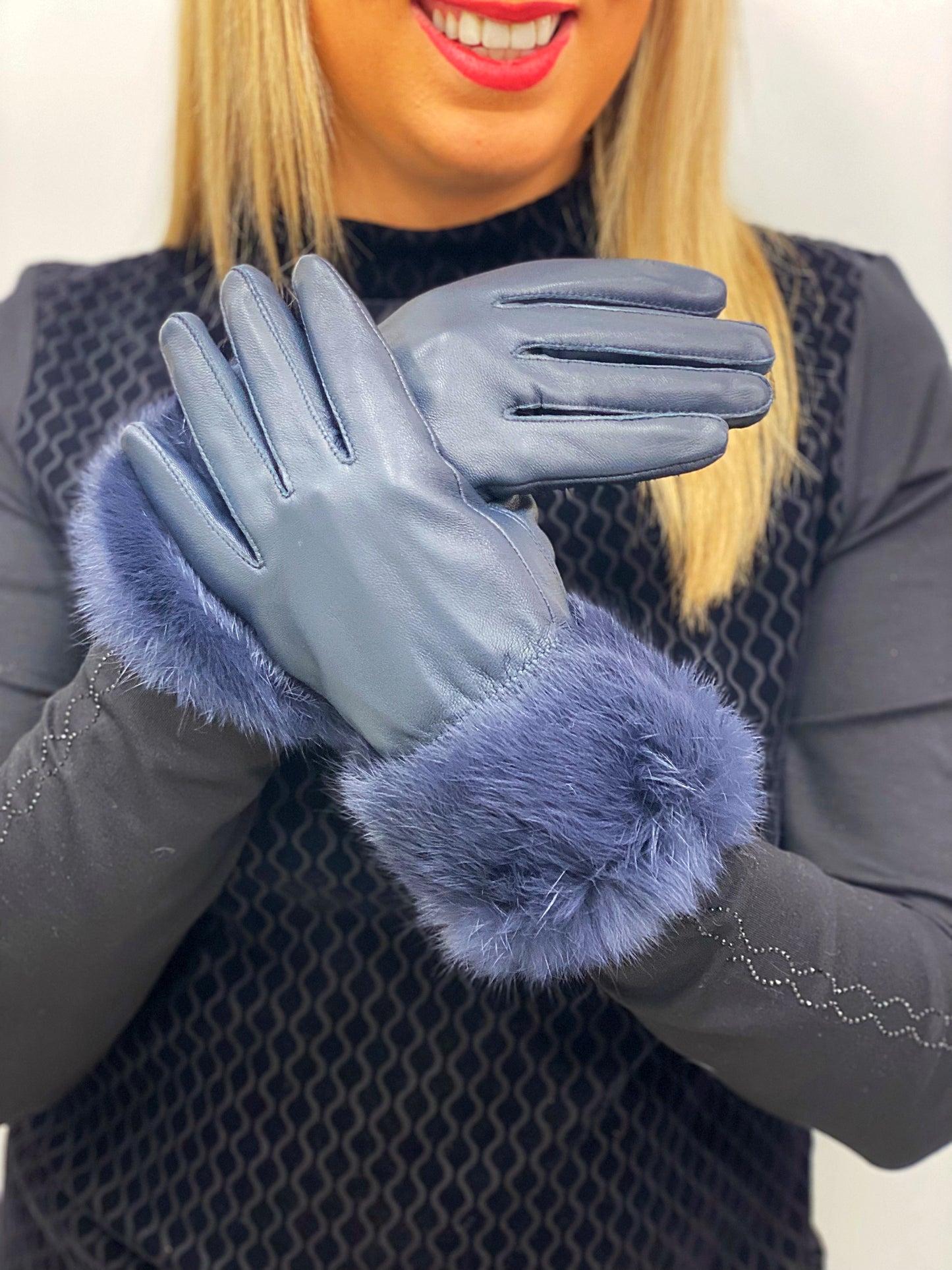 Navy - Leather Faux Fur Gloves