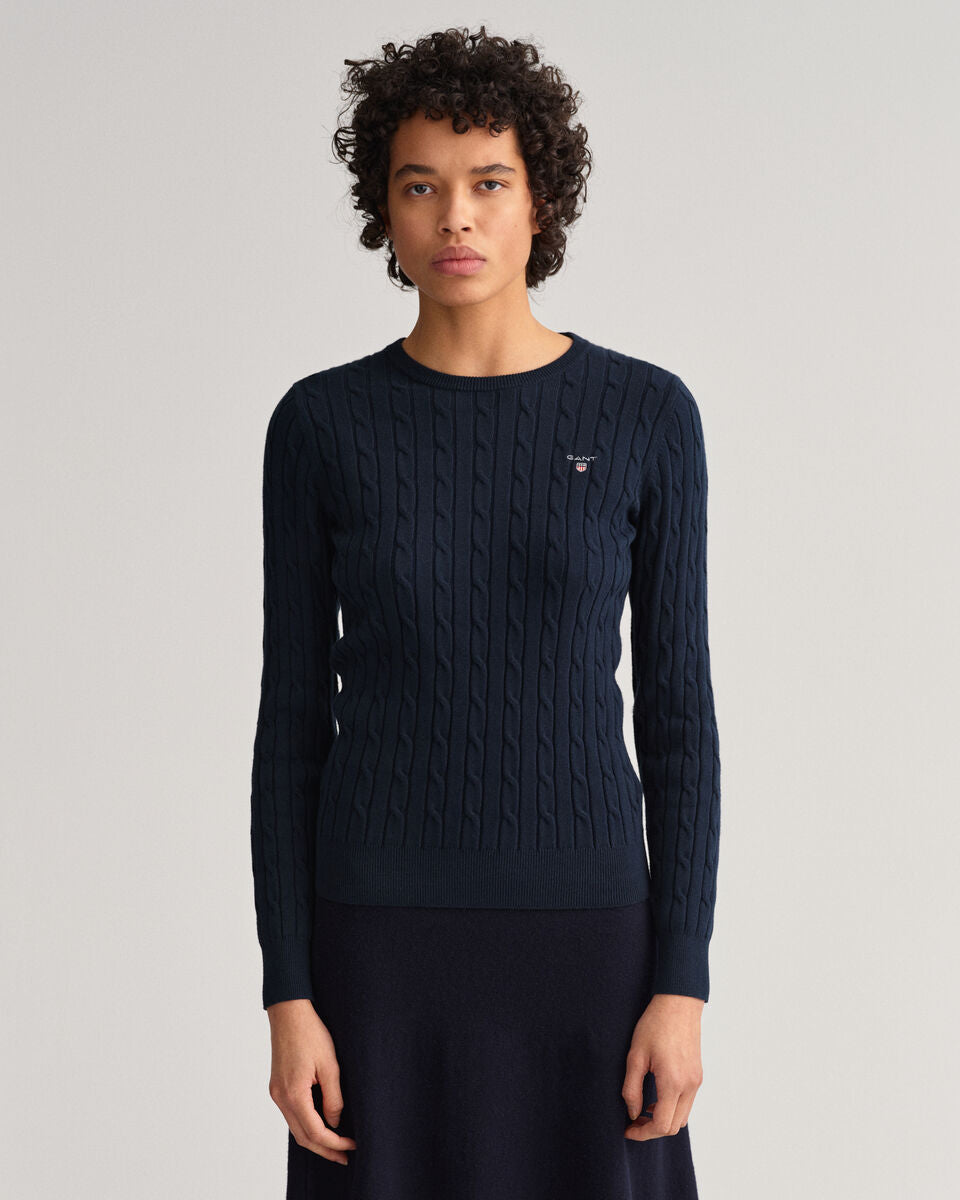 Stretch Cotton Cable Crew Neck Sweater-Navy