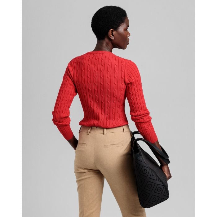 Stretch Cotton Cable Crew Neck Jumper  -red