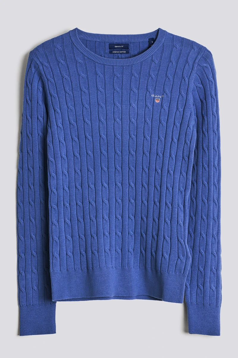 Stretch Cotton Cable Crew Neck Sweater- Hurricane Blue