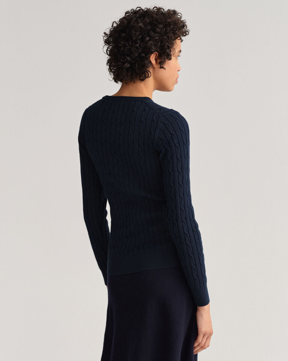Stretch Cotton Cable Crew Neck Sweater-Navy