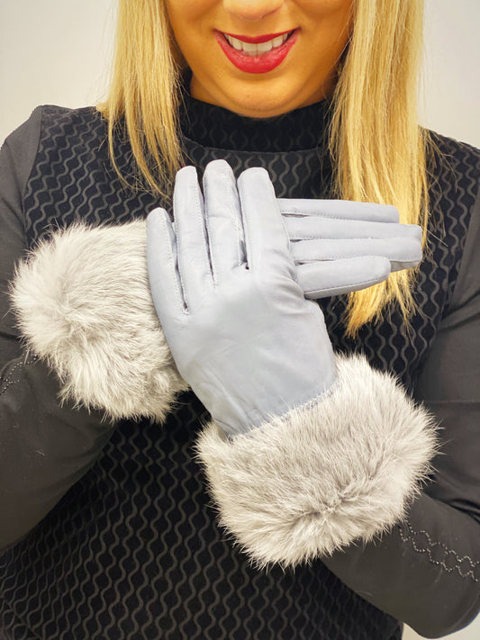 Grey - Leather Gloves Faux fur
